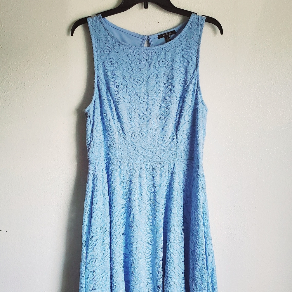 Light Blue Knee Length Lacy Dress